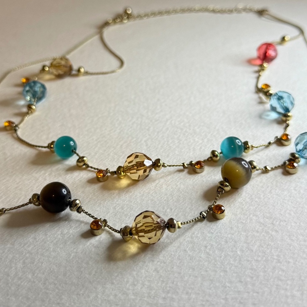 Multicolored Gold Tone Beaded 2 Strand Necklace Eclectic Dainty Boho Chic Women
